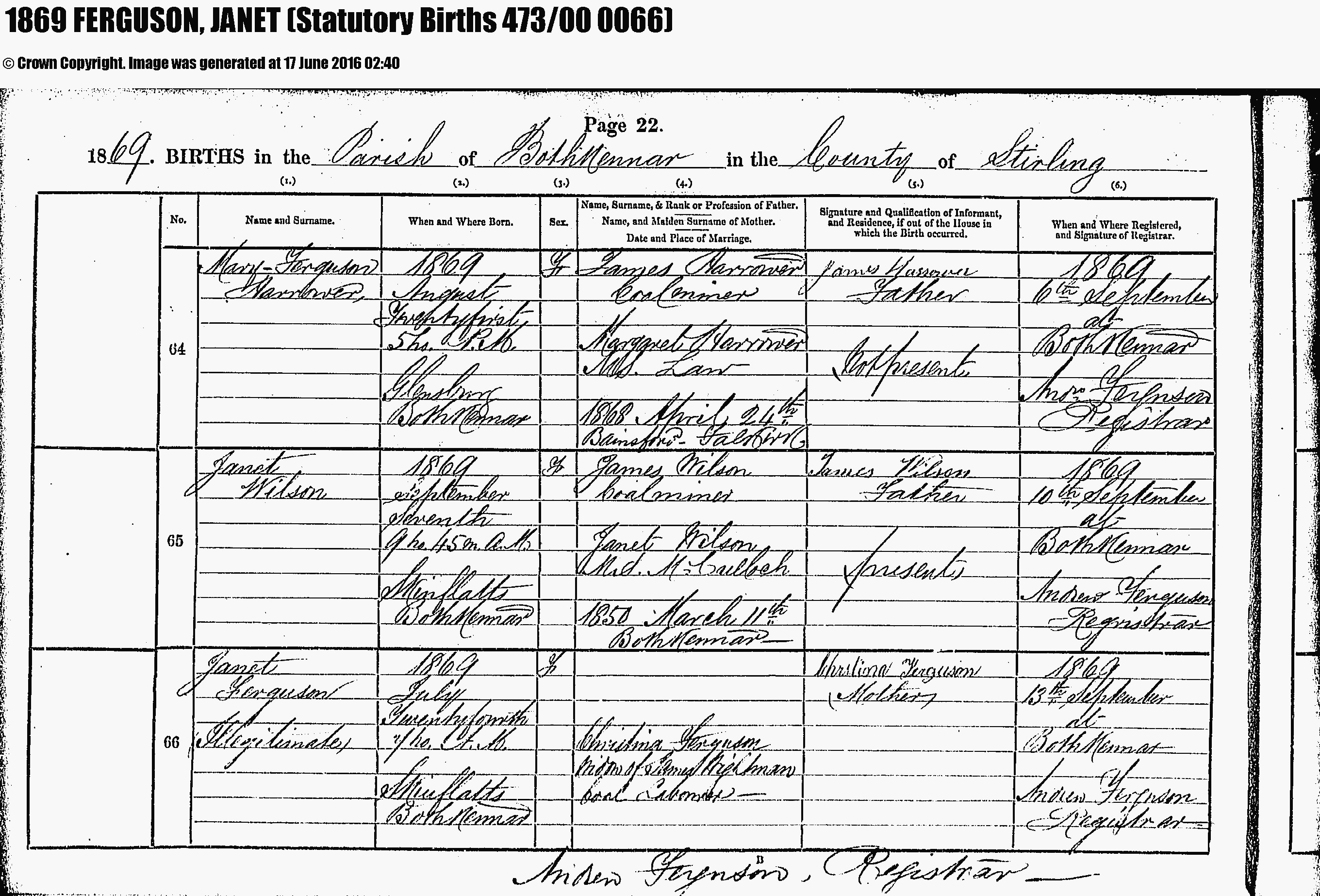 Janet Ferguson Birth, July 24, 1869, Linked To: <a href='i3182.html' >Christian Ferguson</a>